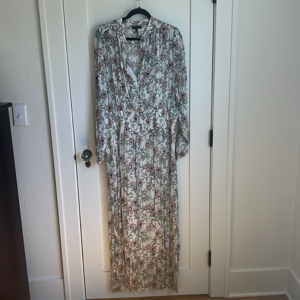 🕶️Rag & Bone Silk Calista White Floral Maxi Long Sleeve V Neck Dress Pink XL - Picture 7 of 14